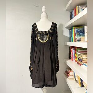 Jen's Pirate Booty heavily Beaded boho Black & Gold balloon sleeve dress M/L